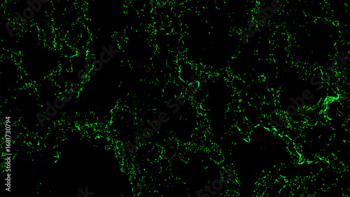 Abstract dark background with glowing neon green fractal texture. Fine, scattered organic lines and subtle patterns. Bioluminescence, or microscopic structures, creating a futuristic, high-tech
