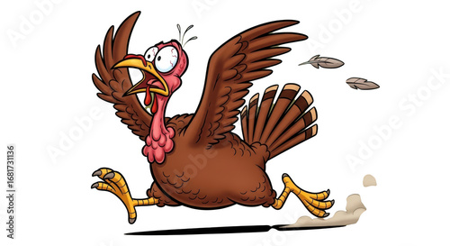 Cartoon turkey fleeing in panic eyes wide with motion blur and flying feathers