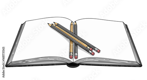 Open notebook with pencils placed on white pages  