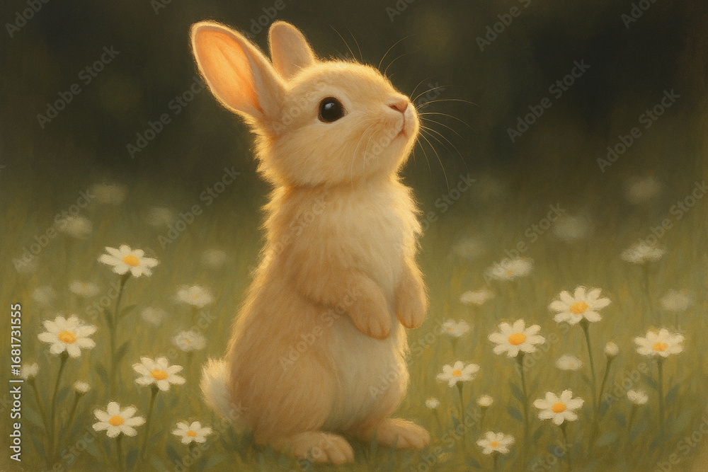 Fototapeta premium Adorable light brown bunny rabbit standing tall amongst delicate spring flowers in a sunlit meadow