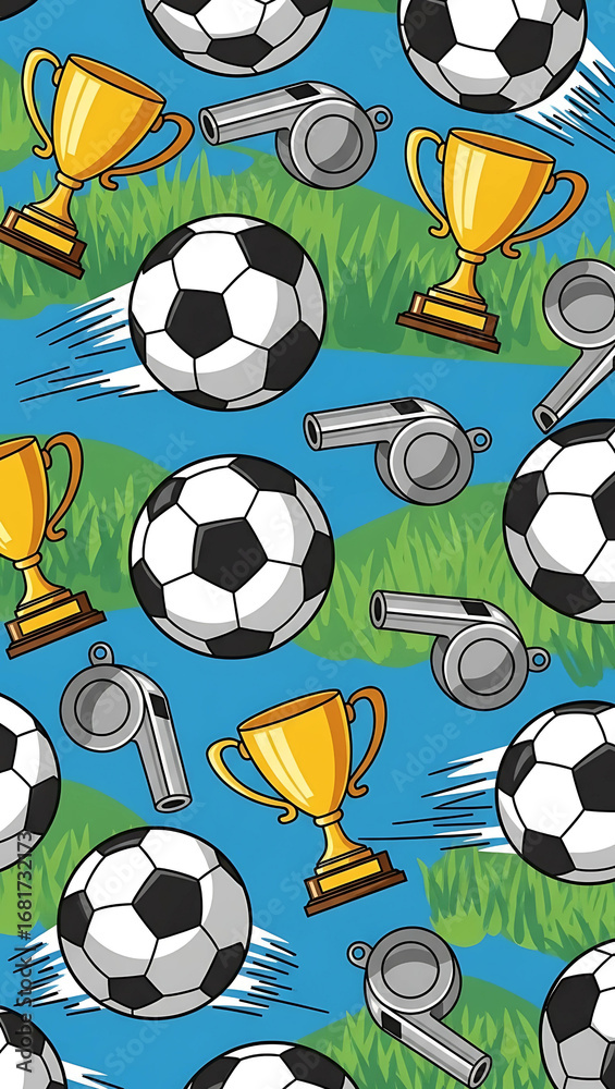 Dynamic Soccer Championship Elements Pattern Celebration Sport Victory Winning Trophy Whistle and Ball Seamless Design Dynamic Soccer Championship Elements Pattern Celebration Sport Victory Winning Trophy Whistle and Ball Seamless Design