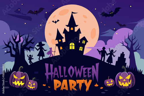 Spooky halloween party scene with castle and pumpkins