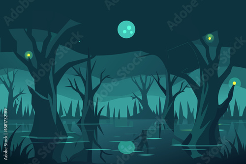 Mysterious swamp at night with full moon and glowing orbs
