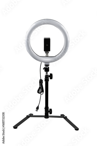 A tabletop LED ring light with a stand