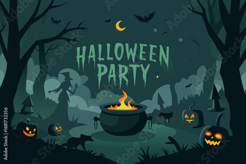 Spooky halloween party scene with witch and cauldron