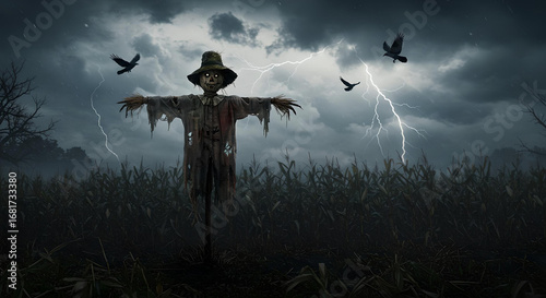 Scarecrow in Cornfield with Thunderstorm and Lightning