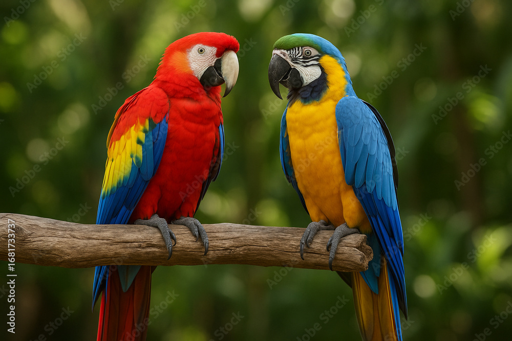 Obraz premium Vibrant duo two colorful macaws perched together on a tree branch in lush green foliage
