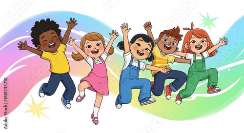 Diverse group of happy children jumping together in a vibrant colorful celebration