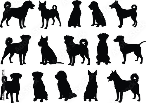 Set of black and white dog silhouettes in various poses including standing, sitting, and lying down vector illustration.