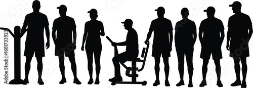 Silhouette people workout, fitness, and gym exercise equipment vector illustration set for athletic lifestyle and healthy training.