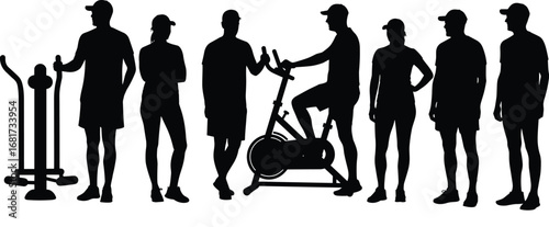 Silhouette people workout, fitness, and gym exercise equipment vector illustration set for athletic lifestyle and healthy training.