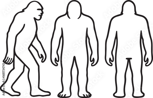 Line drawing of bigfoot icons set side, front and back views vector art illustration