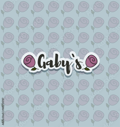 Vector logo “Gaby’s” with purple roses on a floral seamless background