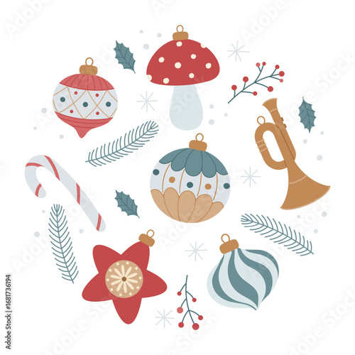 Christmas round composition with retro ornaments