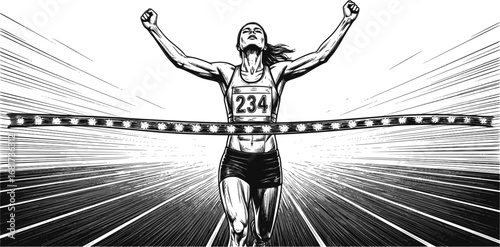 Woman runner crossing the finish line. Silhouette of athletic looking female runner running. EPS version.