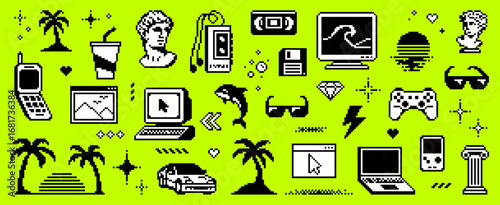 Retro pixel art design elements on lime background. 8 bit grid patterns for vaporwave animation. Old electronic device icons, gaming objects.