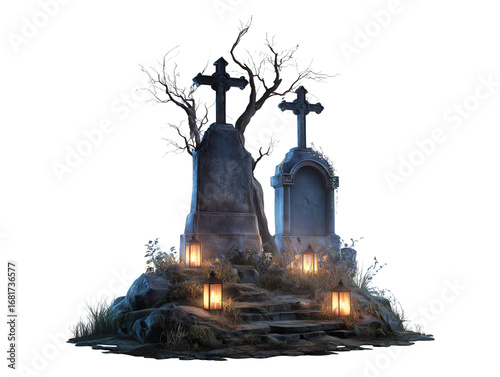 Spooky Graveyard Scene with Tombstones Halloween isolated on transparent White background png