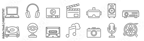 audio and video line vector icon set