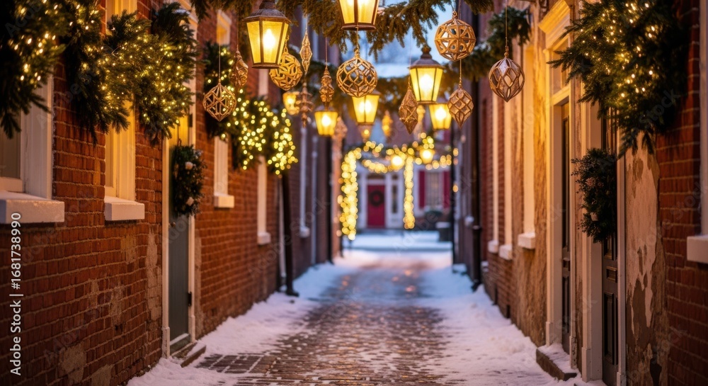 Obraz premium Charming Snowy Alley Decorated for Festive Holidays