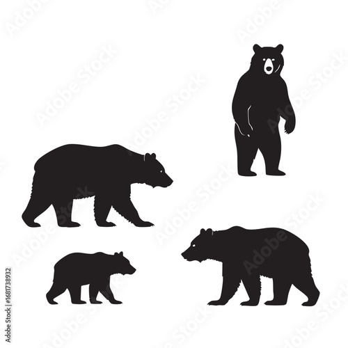 Four silhouette bear figures wildlife nature animals mammals walking standing different sizes black shapes silhouette