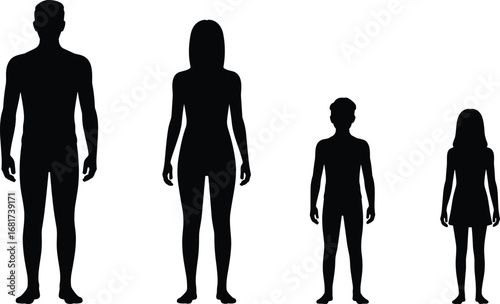 Silhouette, Family, Man, Woman, Boy, Girl, Standing, Height Comparison, Black Figures, White Background, Children, Adults, Gender, Age, Minimal, Isolated, People, Shape, Outline, Contrast