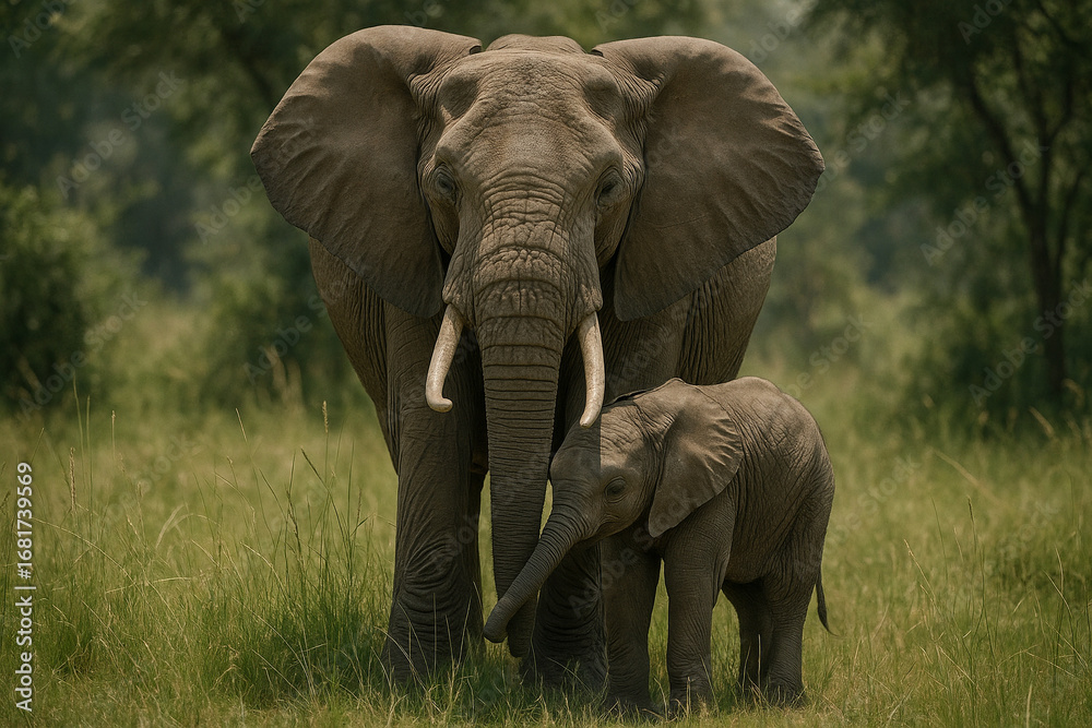 Fototapeta premium Majestic african elephant and calf in natural habitat majestic african elephant and calf together in the wild