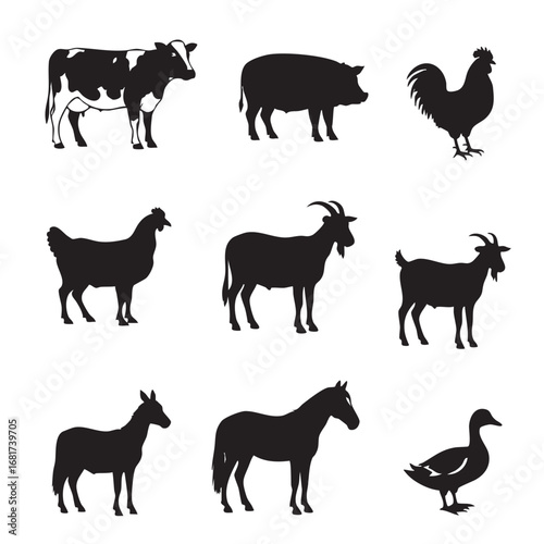 Collection of farm animal silhouettes including cows pigs chickens horses goats and ducks for agricultural concepts silhouette