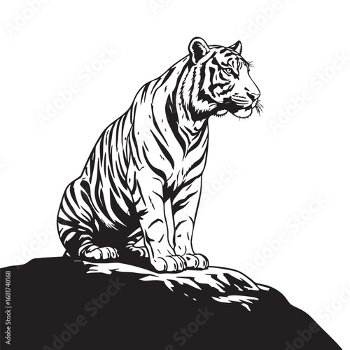 Majestic tiger sitting on rocky outcrop striking a regal pose in detailed monochromatic artwork silhouette