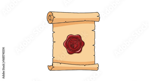 Ancient rolled parchment scroll with a red wax seal, old document illustration. Vintage decree or official paper graphic.