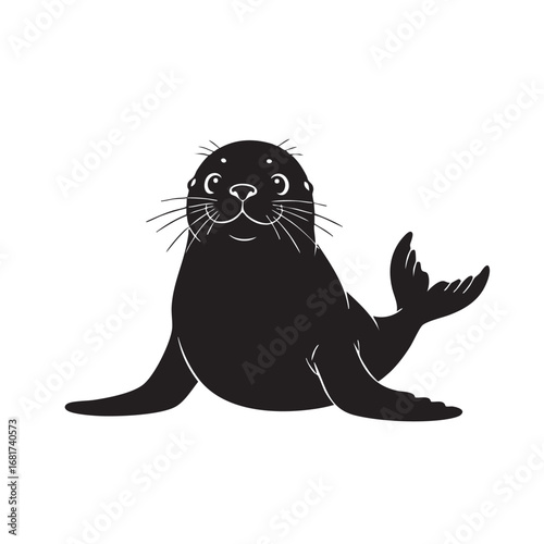 Adorable black seal pup with whiskers posing playfully isolated on a silhouette