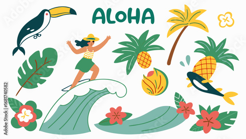 Aloha summer hawaii vacation with surfer girl palm trees and tropical flowers vector illustration design