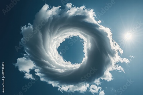 Circular Cloud Formation in Blue Sky with Sun, Weather Phenomenon, Vortex Shape