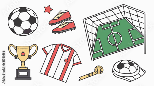 Soccer equipment vector illustration featuring ball shoes jersey trophy field and accessories design elements