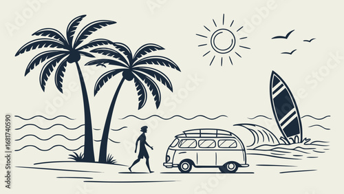Beach vacation with palm trees sun and surf illustration perfect for summer travel and holiday designs