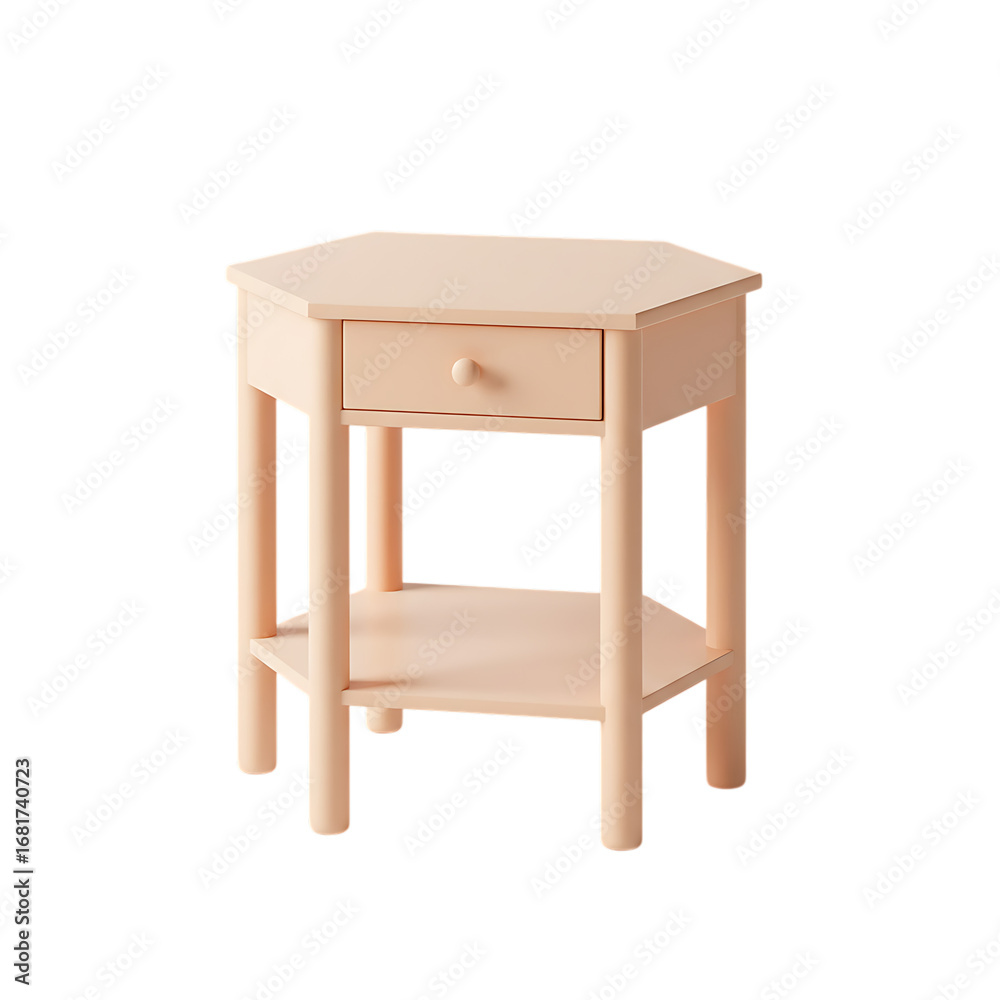 Fototapeta premium A light peach hexagonal side table with a single drawer and a lower shelf, isolated on a transparent background