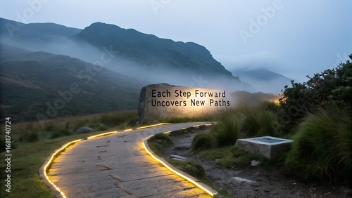 Glowing Mountain Path with Inspirational Quote on a Stone.