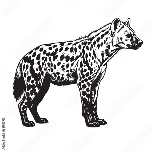 Spotted hyena standing profile view detailed black and white ink sketch wildlife animal silhouette