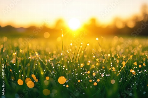 Golden Sunrise Illuminating Dew-Kissed Grass, Creating a Bokeh Effect in Nature