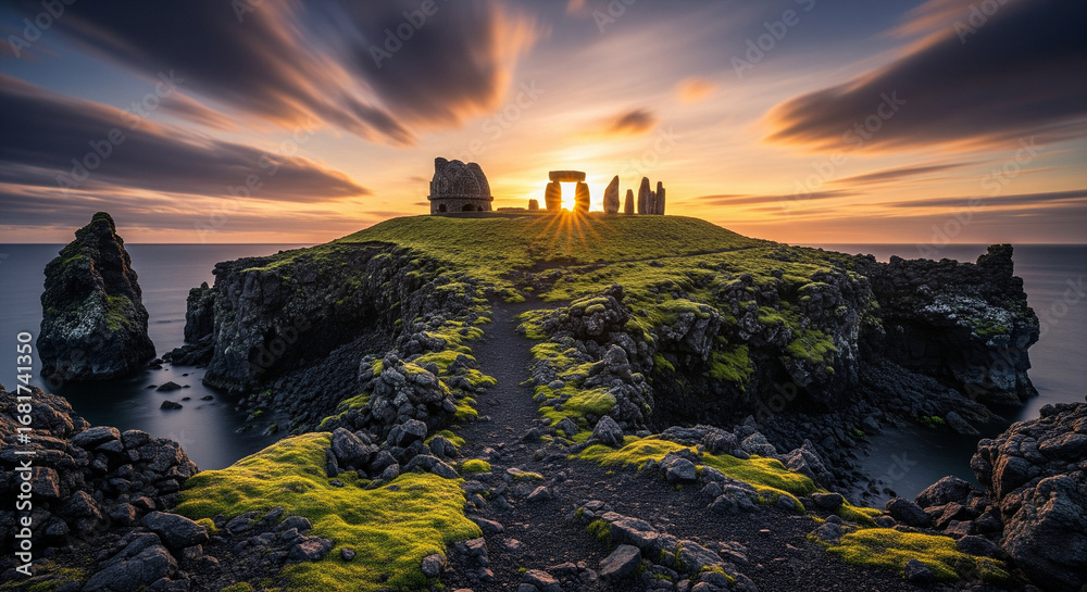 Fototapeta premium Ancient Volcanic Island with Mossy Observatory at Golden Hour Sunset