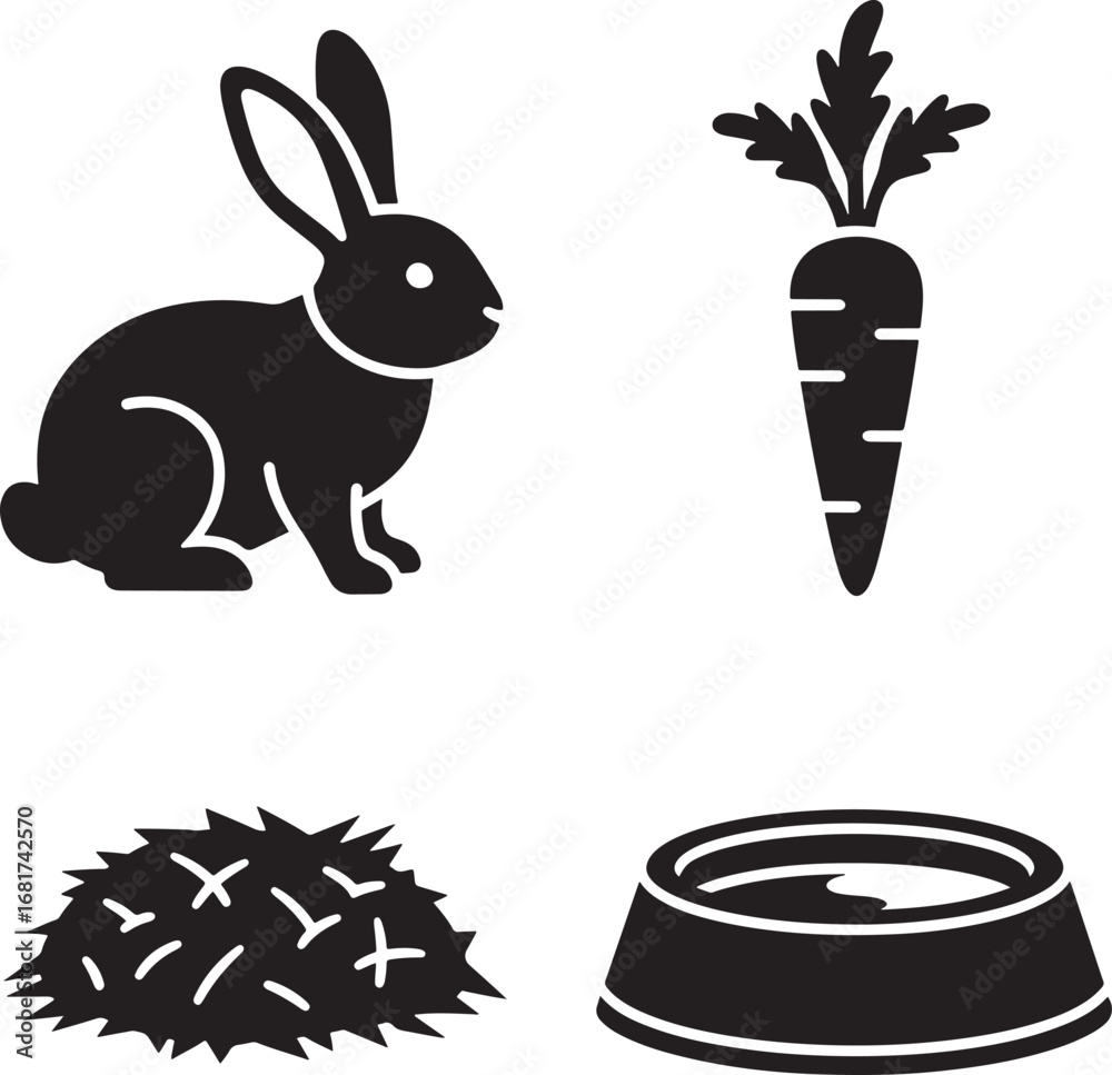 Obraz premium Black and White Pet Rabbit Essentials Vector Illustration Cute Bunny Carrot Food Water and Bedding