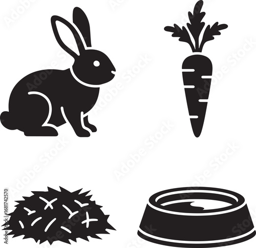 Black and White Pet Rabbit Essentials Vector Illustration Cute Bunny Carrot Food Water and Bedding