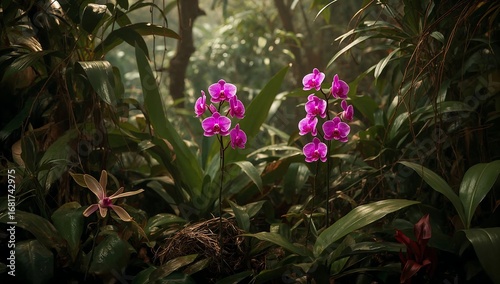 Two purple orchids in a lush tropical rainforest with vibrant foliage