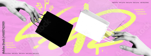 Halftone pop art collage of shopping bags in hands with dynamic background, retail, sale, purchase and commerce concept in halftone texture on pink