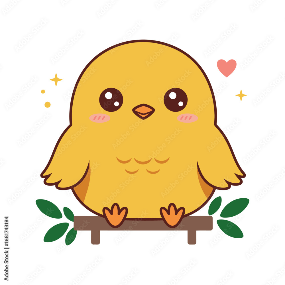 Fototapeta premium Cute Yellow Chick Cartoon Illustration Adorable Baby Bird on Branch Kawaii Animal Graphic