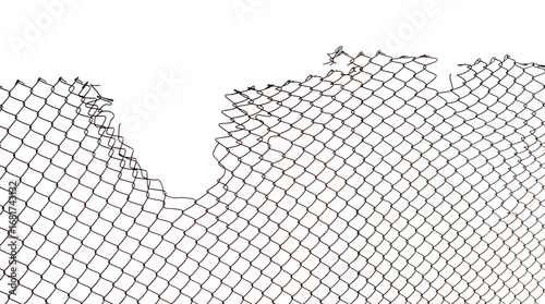 The texture of the metal mesh on a white background. Torn steel, metal mesh with holes