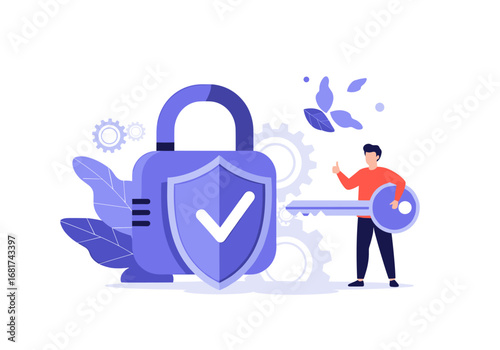 Digital security protection concept protecting data with a key and shield and checkmark symbol