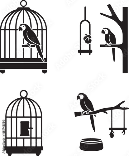 Black and white parrot illustration set featuring parrots in cages and trees vector