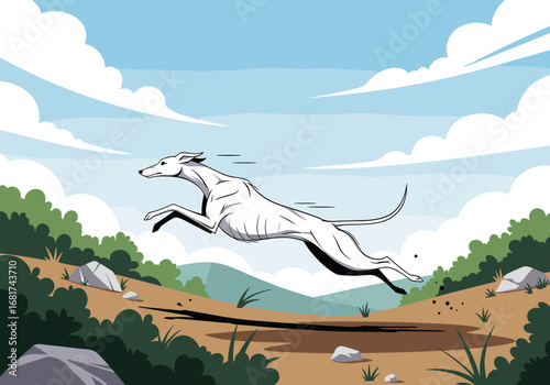 A swift white greyhound leaps across a sunny outdoor landscape with greenery and blue sky