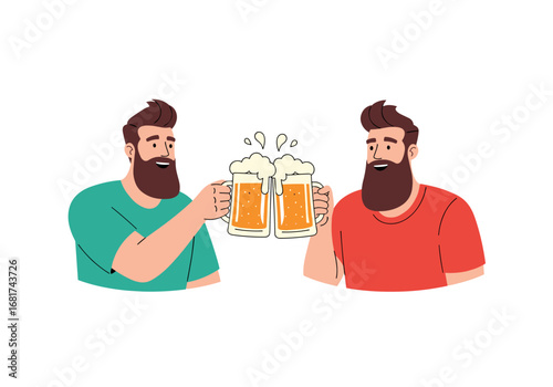 Two happy bearded men clinking glasses filled with frothy beer celebrating friendship and good times together