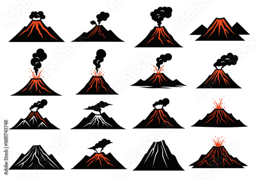 Collection of diverse volcano illustrations demonstrating eruptions and different cone shapes